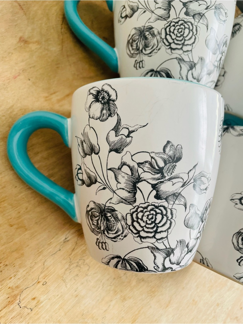 Certified International Floral Mug Black White Teal Turquoise Discontinued